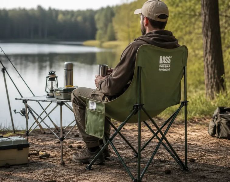 Складане туристичне крісло Bass Polska BH 30034 із бічною кишенею, кемпінгове крісло для риболовлі, пікніка та відпочинку, зелене BH 30034 фото
