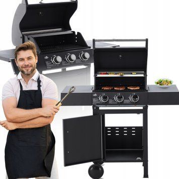 Гриль-барбекю газовий на 3 пальники 8,1кВт GardenLine BBQ8076 чавунні решітки, складані столики, редуктор BBQ8076 фото